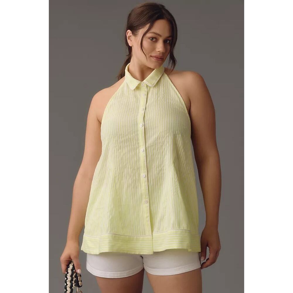 By Anthropologie Button-Front Halter Swing Blouse Green Print Size Small